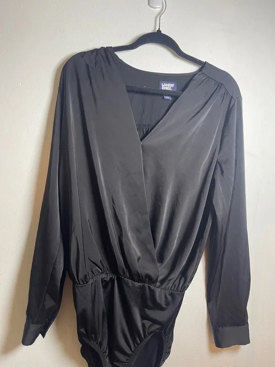 Lands' End Black Satin Surplice Bodysuit Top Size: 12 - Picture 9 of 14